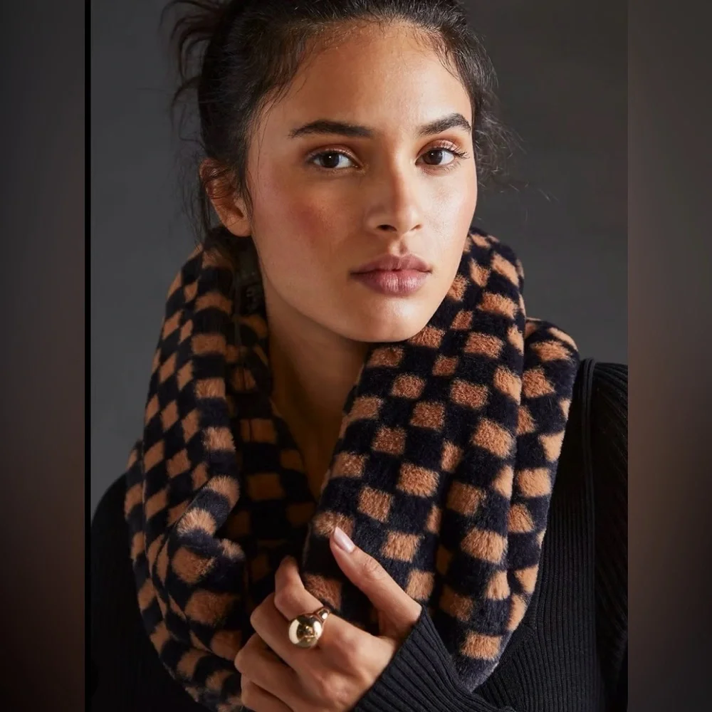 Anthropologie Navy & Tan Checkerboard Faux-Fur Wrap
